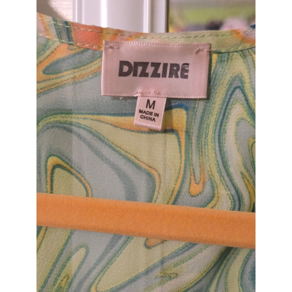Dizzire Marble Swirl Kimono Tie Waist High Low Ruffle Cover Up Green Blue Medium - Picture 6 of 6